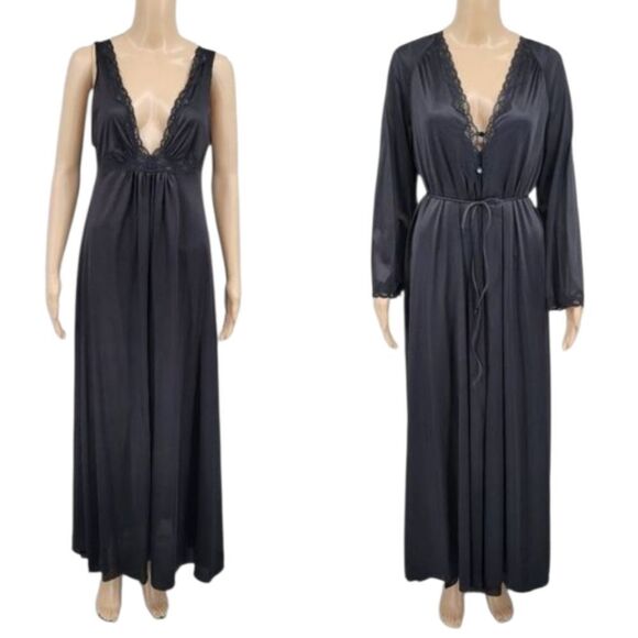 Lorraine Vintage Maxi Length Black Slip Dress Nightgown and Peignoir Robe Lace - Picture 1 of 16